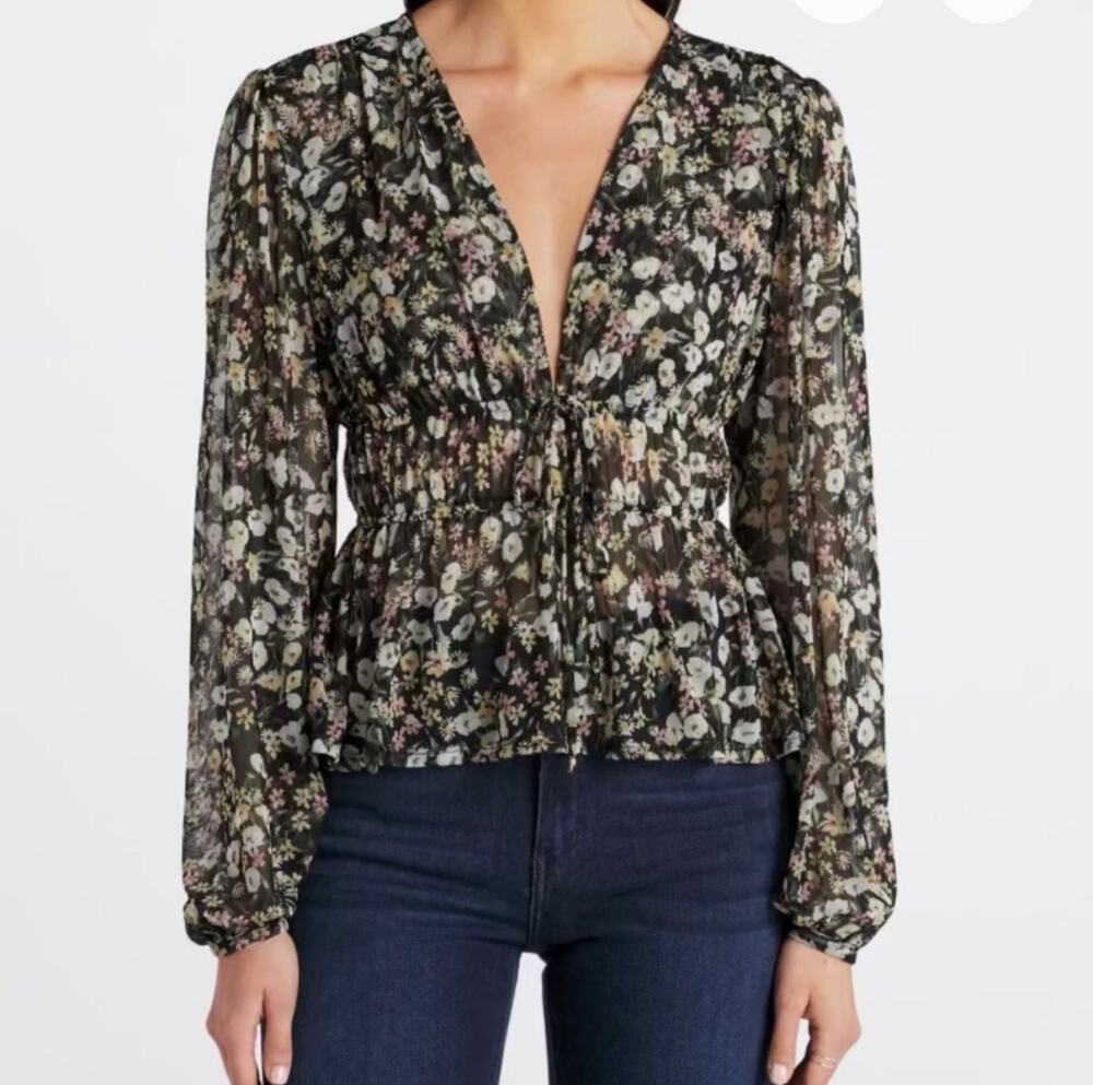 Madison & Berkeley Black Boho Floral Print Sheer Long Sleeve Babydoll V-Neck